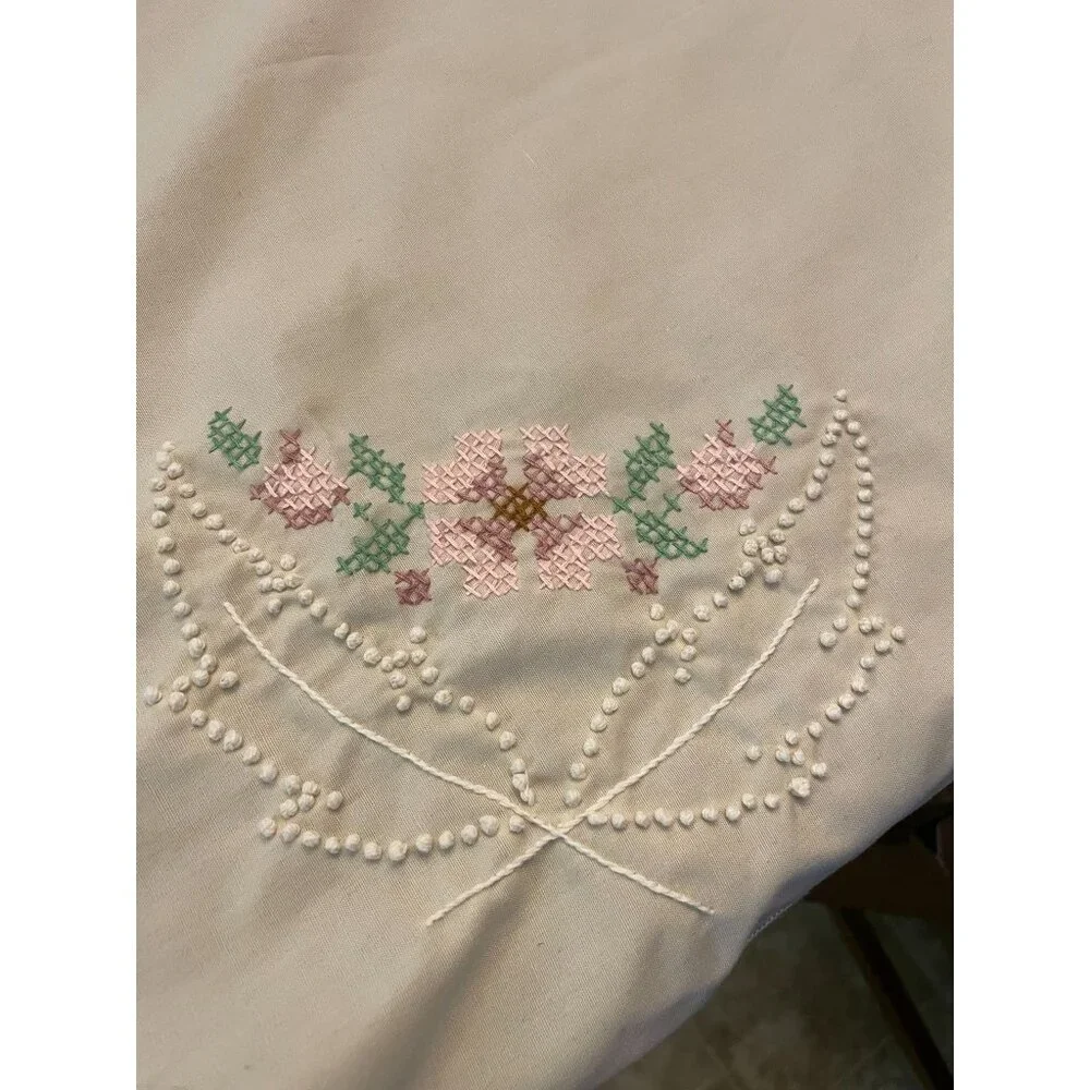 Vintage Cross Stitch Tablecloth Used Beige Mauve Green Pink